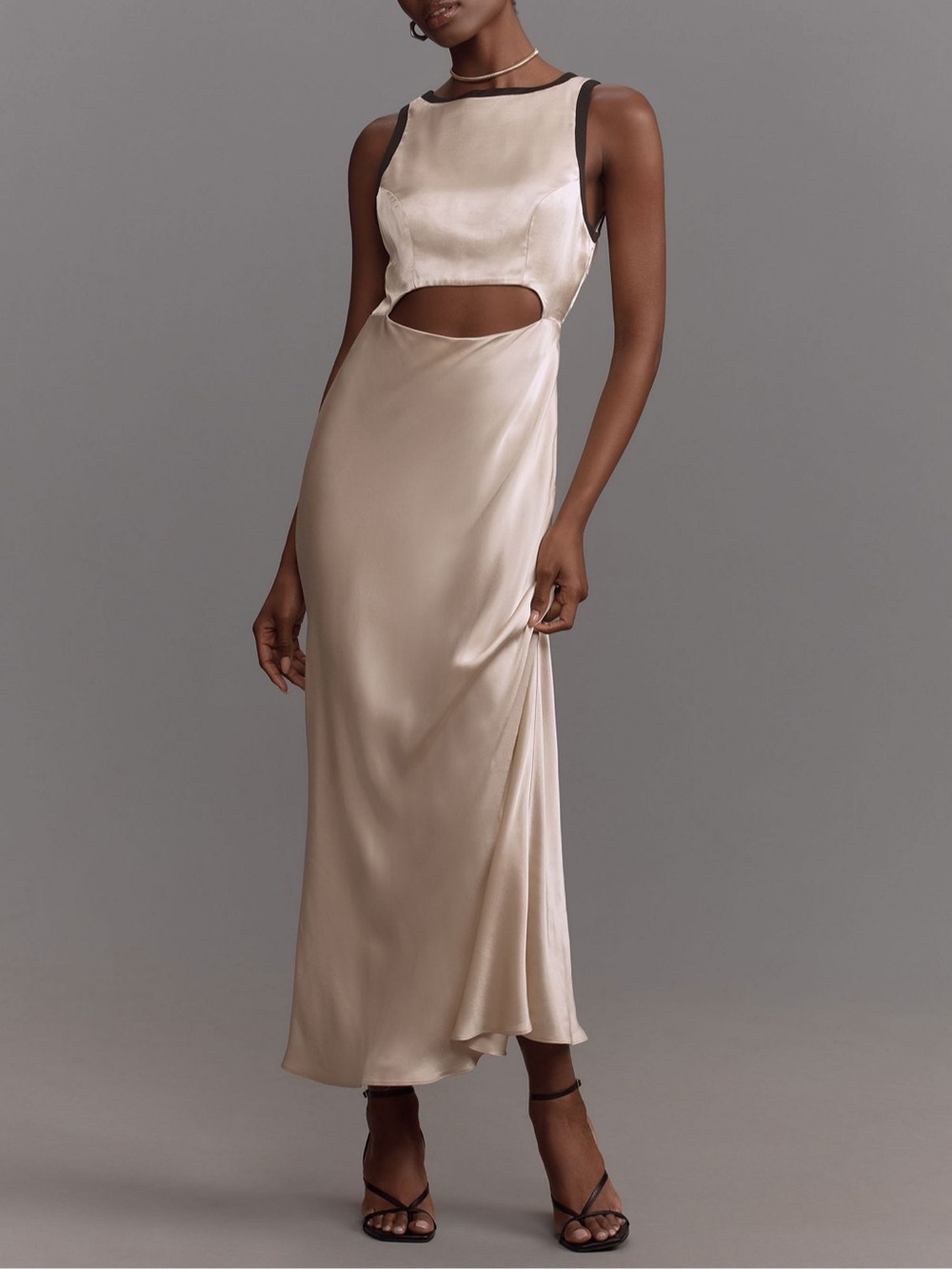 Anthropologie Champagne Satin Cutout Midi Dress with Black Trim